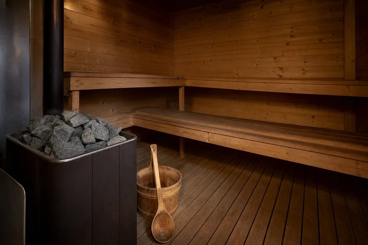 Intérieur chaleureux d’un sauna finlandais en bois avec banquettes, seau et louche posés près du poêle à pierres