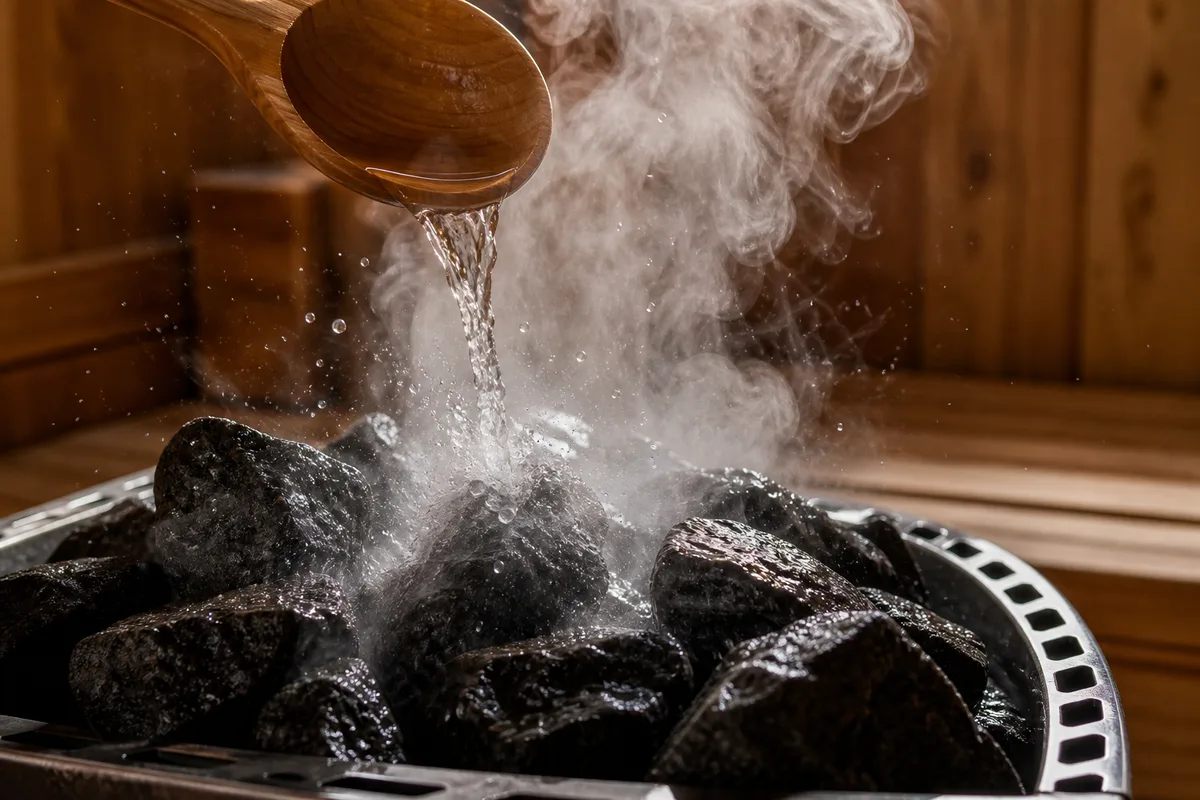 Pierres de sauna brûlantes arrosées d’eau à la louche, dégageant une bouffée de vapeur dans la cabine en bois