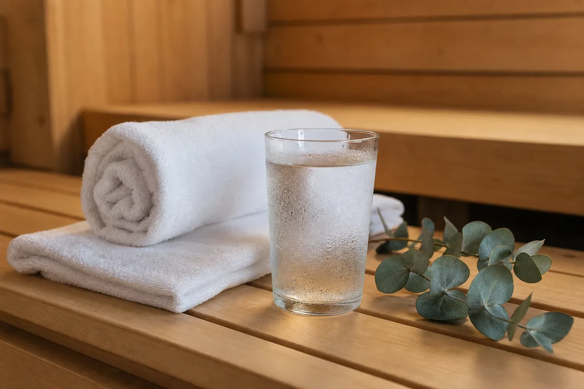 Banquette de sauna en bois clair avec serviette pliée et verre d’eau, lumière chaude et tamisée