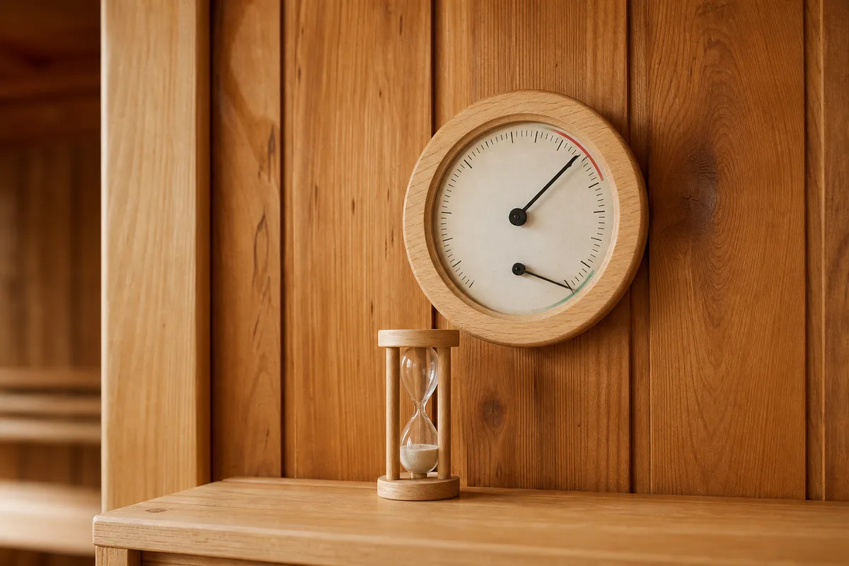 Thermomètre rond en bois et petit sablier posés contre la paroi lambrissée d’un sauna