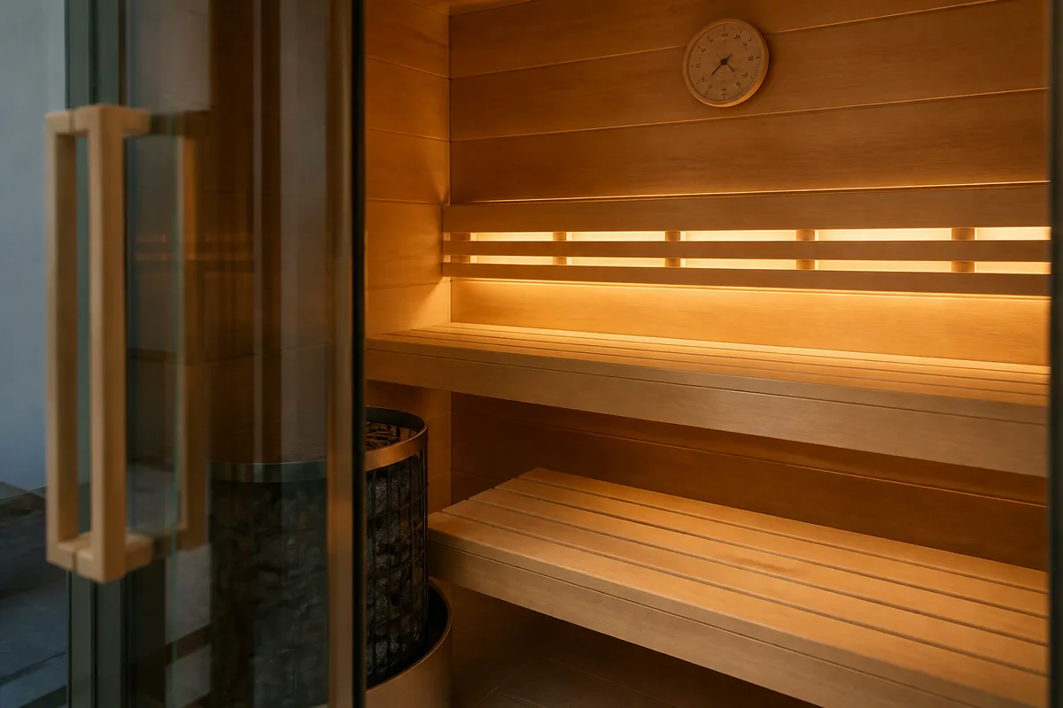 Cabine de sauna en bois clair avec ses bancs et son poêle à pierres