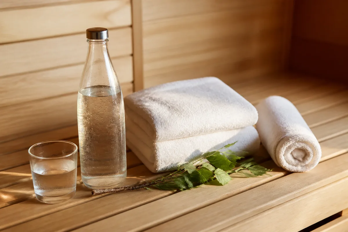 Serviette blanche pliée et bouteille d&rsquo;eau posées sur un banc de sauna