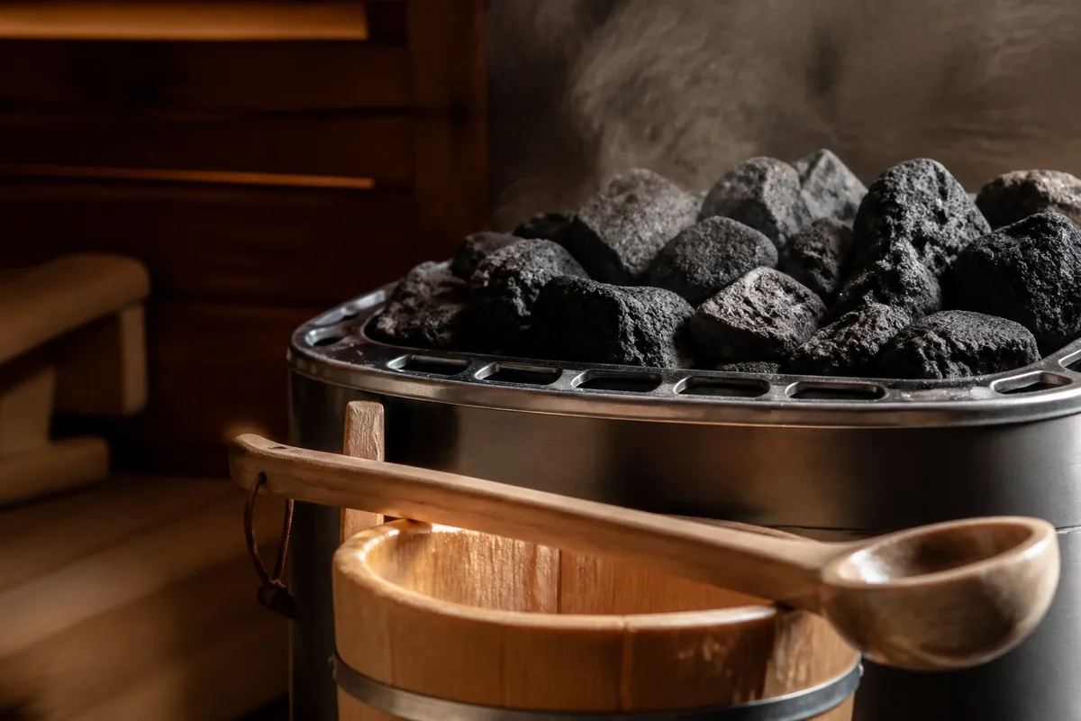 Poêle de sauna avec pierres volcaniques et louche en bois posée sur le seau