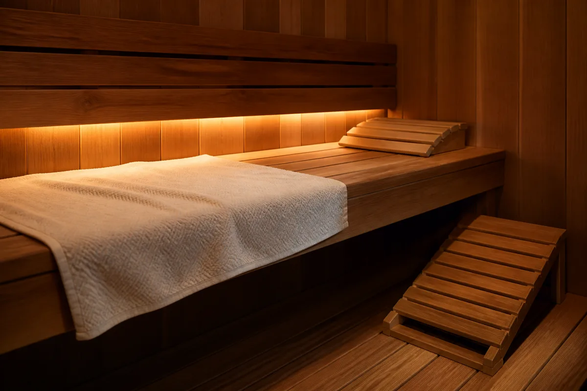 Banc de sauna en bois de cèdre avec appuie-tête et lumière tamisée